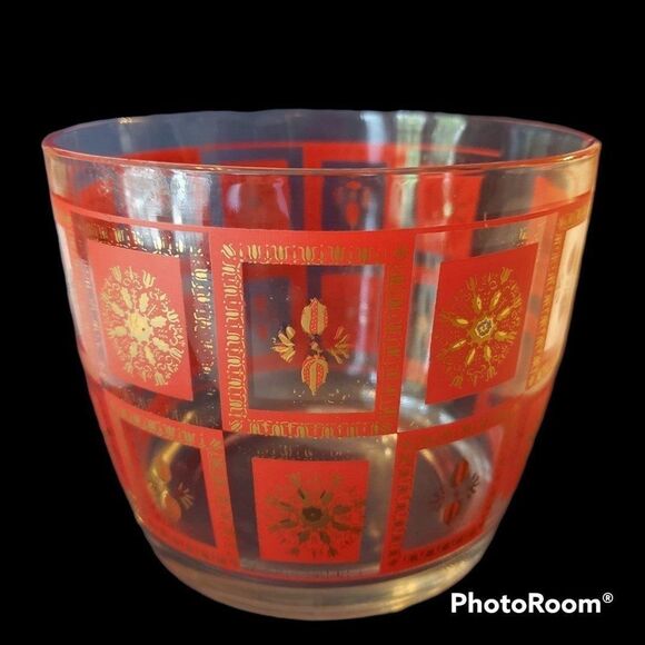 Hazel Atlas MCM Ice Bucket 5" Red With Gold Gilding - Picture 1 of 7